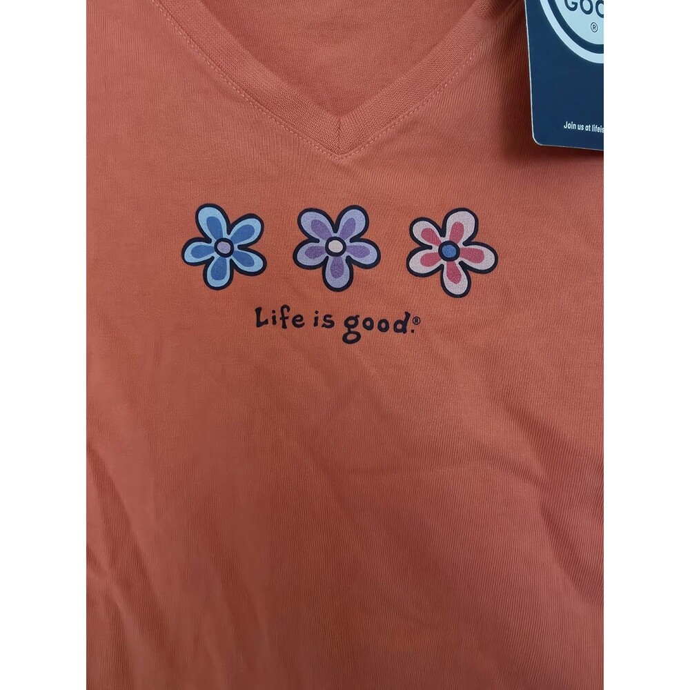 Women's Life is Good Flowers Coral Pink Orange V-Neck Short Sleeve Crusher Tee L